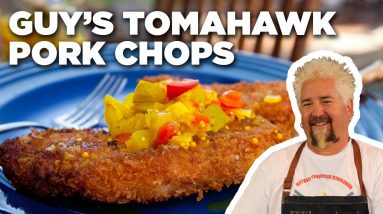 Guy Fieri's Tomahawk Pork Chops with Tomatillo-Green Tomato Chowchow | Guy's Big Bite | Food Network