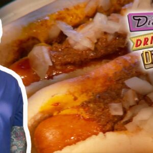 Guy Fieri Eats Hotdogs & "Crazy Meat Concoction" Sauce | Diners, Drive-Ins and Dives | Food Network