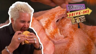 Guy Fieri Needs a Push to Eat a PIG EAR Sandwich | Diners, Drive-Ins and Dives | Food Network